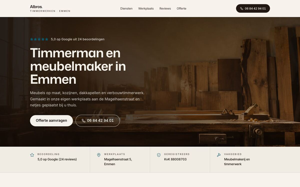 De website van Albros Timmerwerken op een laptop