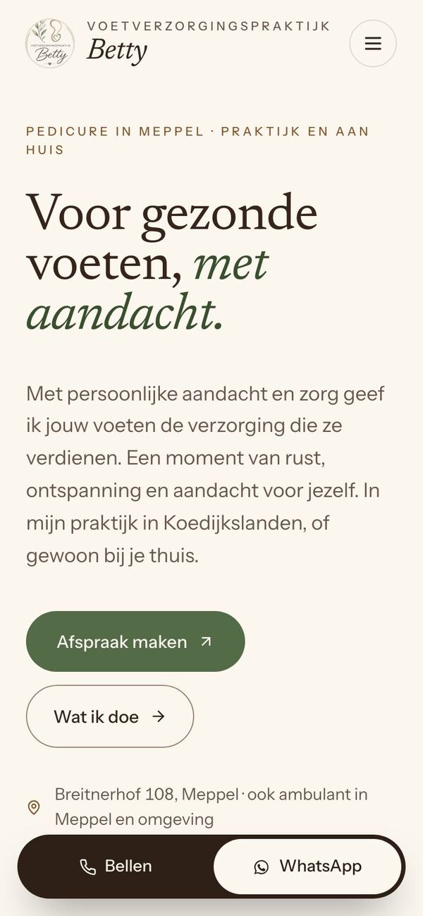 De website van Voetverzorgingspraktijk Betty op een telefoon