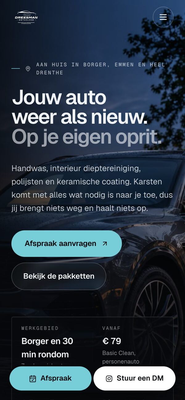 De website van Dreesman Detailing op een telefoon