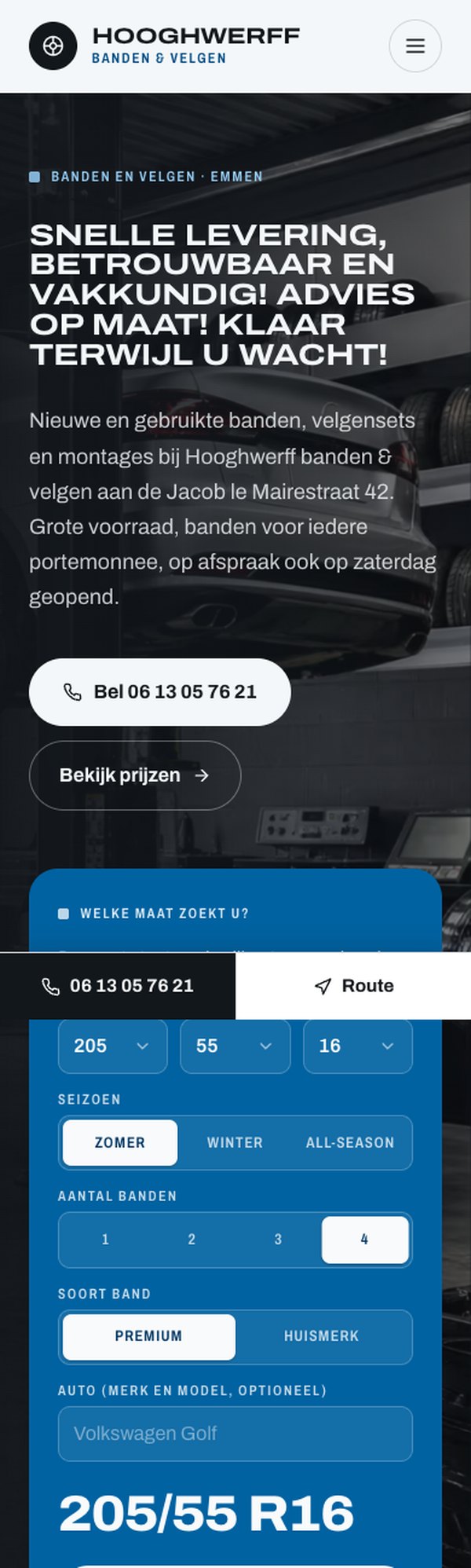 De website van Hooghwerff Banden & Velgen op een telefoon