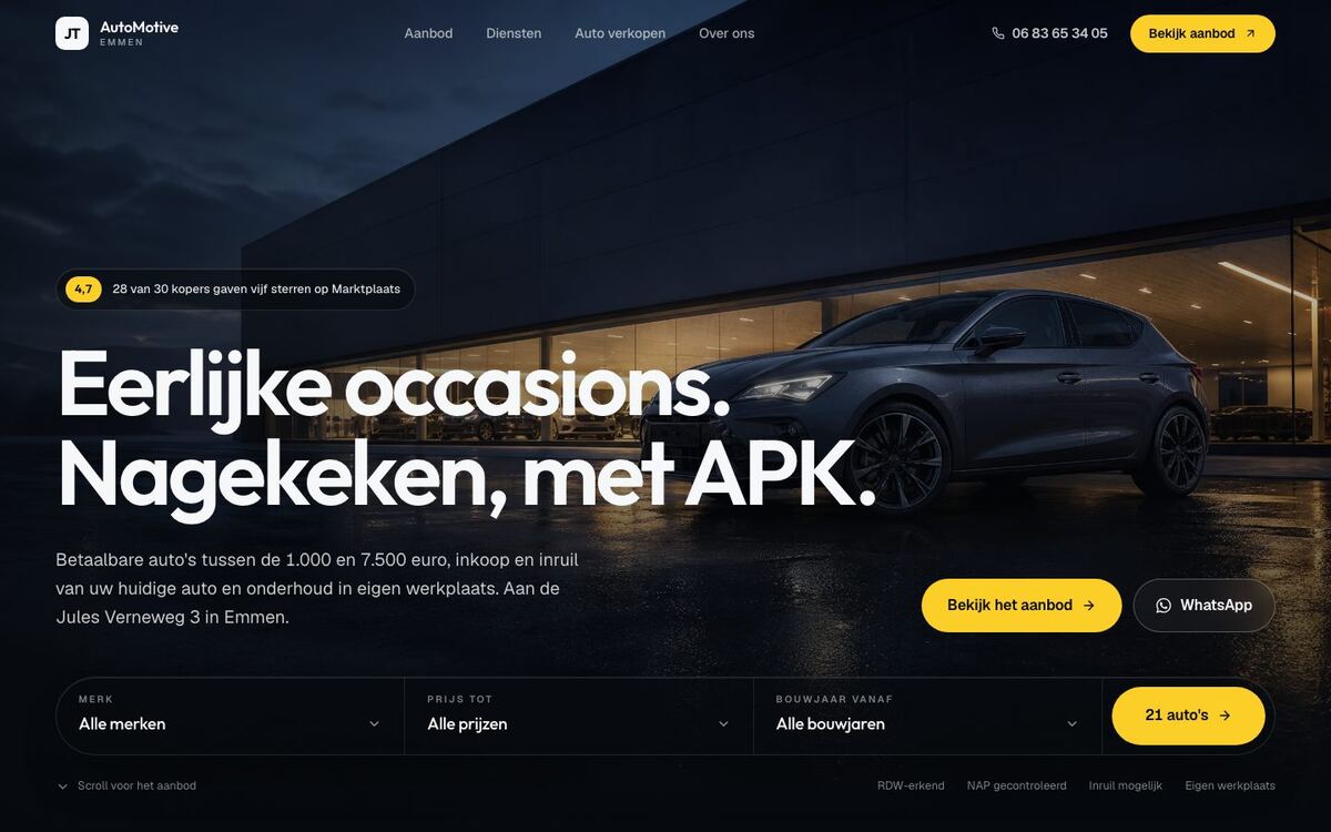 De website van JT AutoMotive