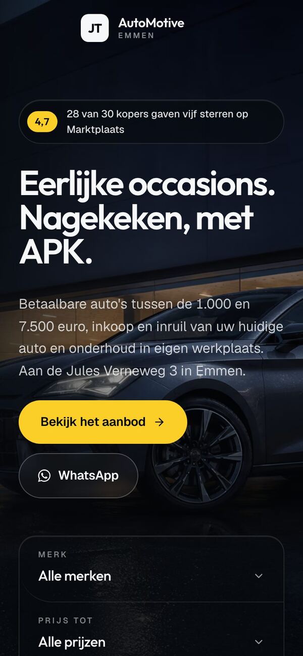 De website van JT AutoMotive op een telefoon