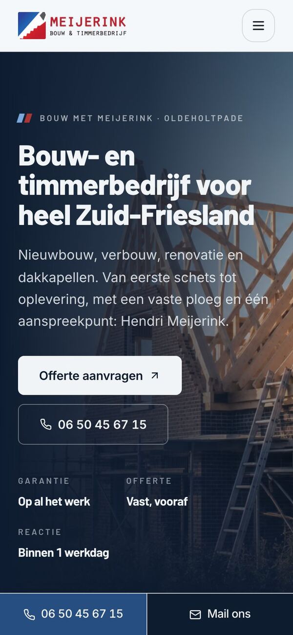 De website van Meijerink Bouw & Timmerbedrijf op een telefoon