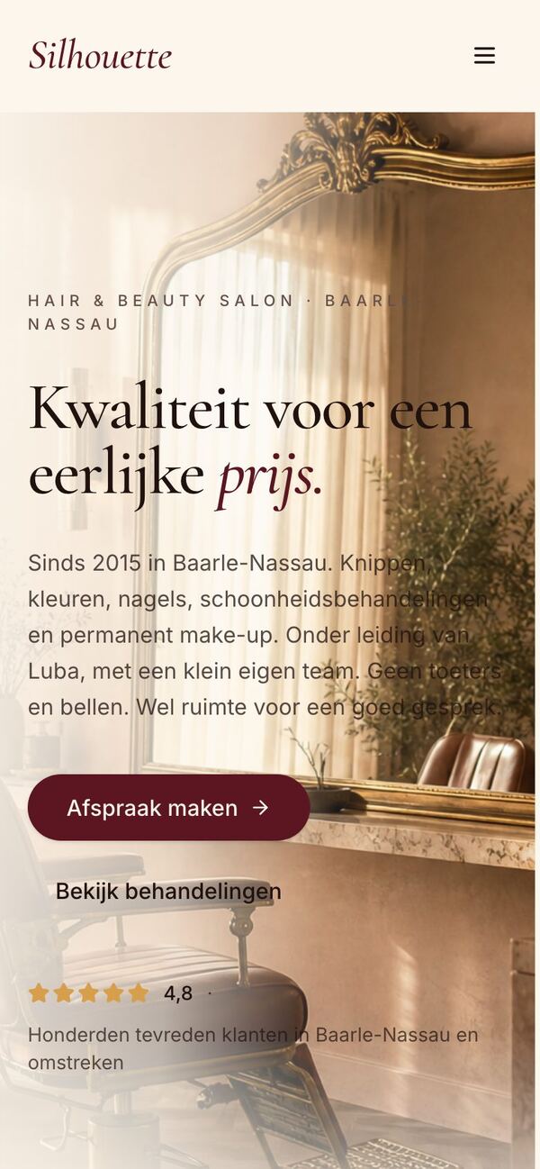 De website van Silhouette Hair & Beauty op een telefoon