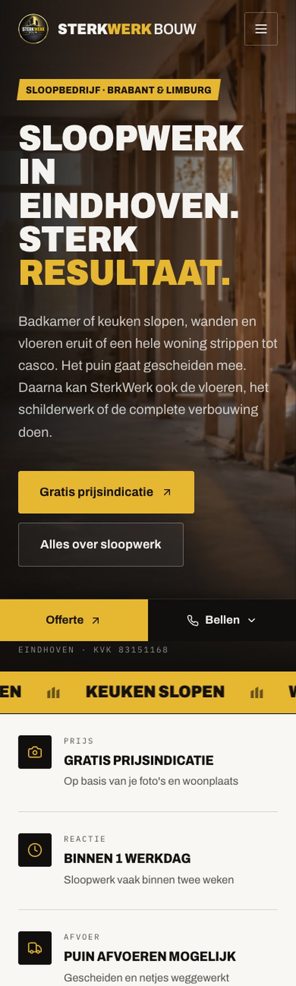 De website van SterkWerk Bouw op een telefoon