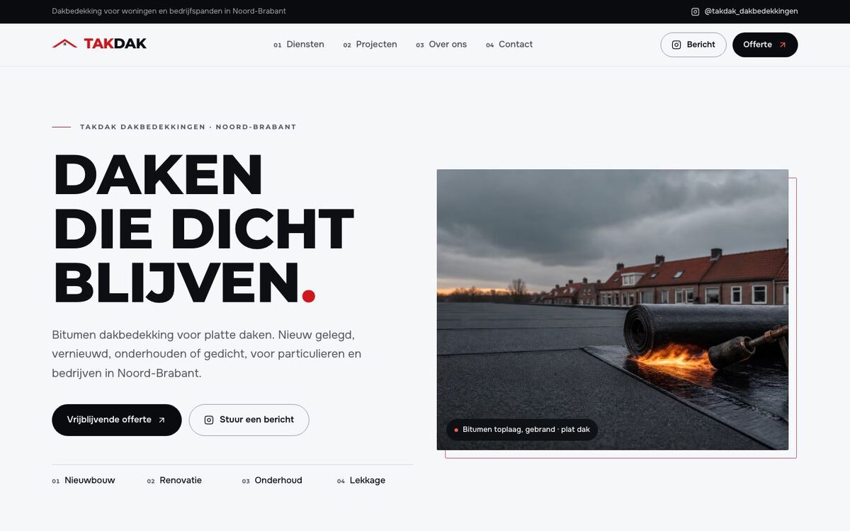 De website van TakDak Dakbedekkingen op een laptop